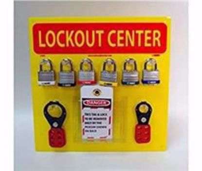 Picture of Yellow Backboard with Hasps and Supplies Lockout Center