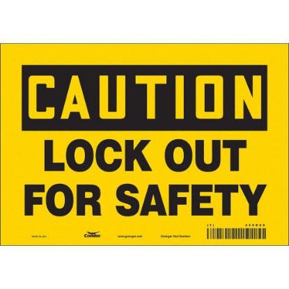 Picture of CAUTION LOCK OUT FOR SAFETY vinyl press -on sign, 7" X 10", PER EACH