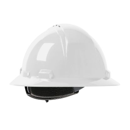Picture of  LOGO Vented, White Full Brim Hard Hat with HDPE Shell, 4-Point Textile Suspension and Wheel Ratchet Adjustment, PER EACH