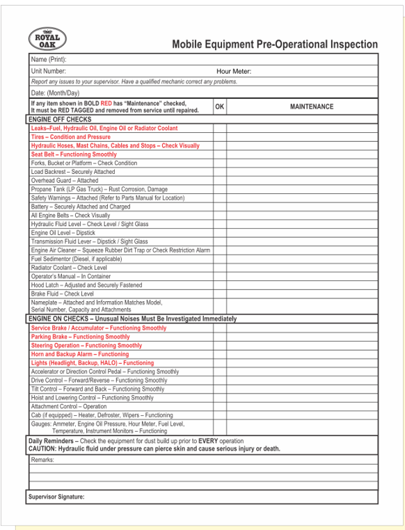 Picture of Pre-Op Inspection form, 2 part carbonless, 500/PK, PER PACK
