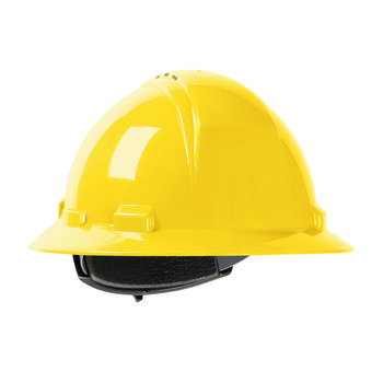 Picture of LOGO vented yellow Full Brim Hard Hat with HDPE Shell, 4-Point Textile Suspension and Wheel Ratchet Adjustment