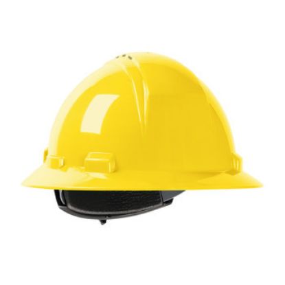 Picture of LOGO vented yellow Full Brim Hard Hat with HDPE Shell, 4-Point Textile Suspension and Wheel Ratchet Adjustment