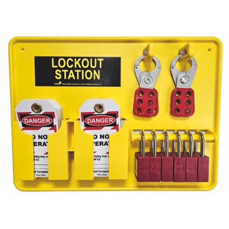 Picture of 6-lock station, Yellow Backboard with Locks,  Hasps and Supplies